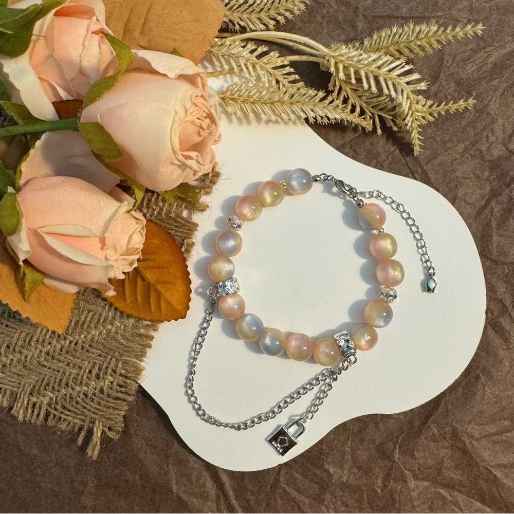 Iridescent Beaded Bracelet with Heart Padlock Charm